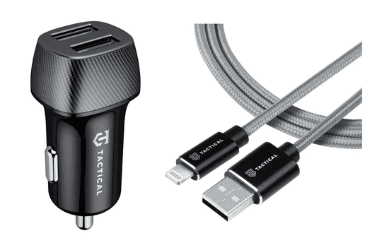 Tactical Avtopolnilec 2x USB-A QC 24W 3A s kablom Ligntning LICENČNI POLNILEC- siv