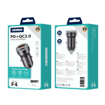 Avtopolnilec F4 3.0A 20W Type C / USB A s kablom 1m Lightning - črn