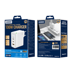 Jellico Hišni adapter C118 220V Gun QC 100W vhod 1x USB A (22,5W) in 2x Type C (1x 65W + 1x 35W) - bel