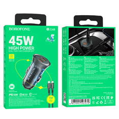 Borofone BZ26B avtopolnilec PD 45W 2x Type C QC 3.0 s kablom Type C - Lightning 1m - črn