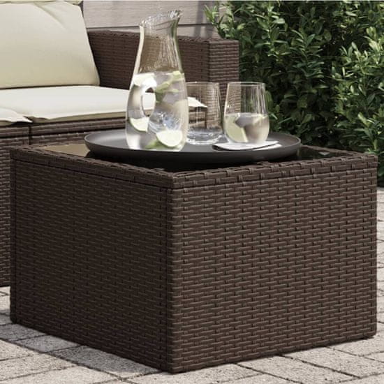 shumee vidaXL Vrtna miza s stekleno mizno ploščo rjava 55x55x37 cm poli ratan