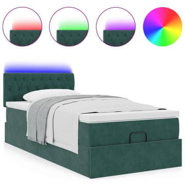 Vidaxl Otomanska postelja z vzmetnico&amp;LEDs temno zelena 80x200cm žamet