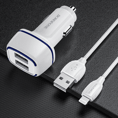 Borofone Avtopolnilec BZ14 2x USB A 2,4 A s kablom Lightning , 1m, bel