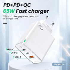 Jellico Hišni adapter C79 220V Gun Quick Charge PD 65W vhod 1x USB A in 2x Type C - bel