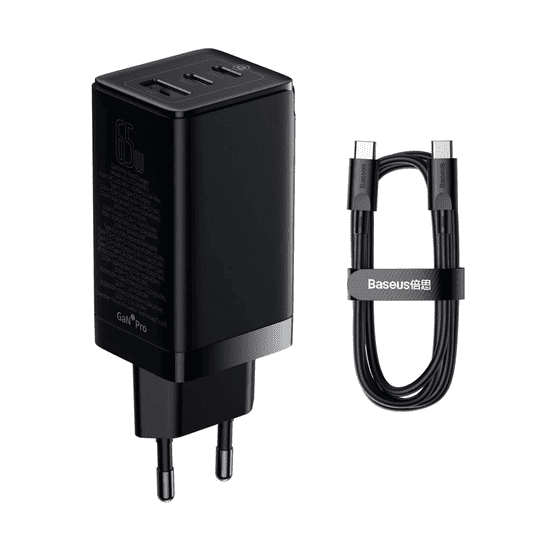 BASEUS Adapter CCGP050101 hišni polnilec 220V Gun3 Pro QC/PD 65W vhod 2x Type C 1x USB-A - Original (EU Blister) črn