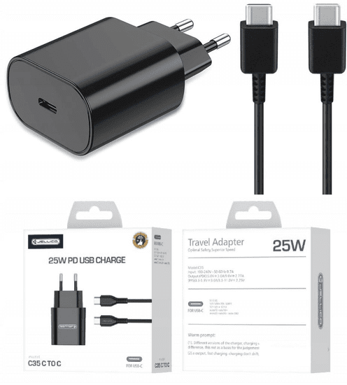 Jellico Hišni polnilec C35 (Quick Charge) 25W vhod Type-C z Type-C podatkovnim kablom, Original (EU Blister), črn