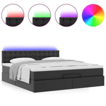 Vidaxl Otomanska postelja z vzmetnicami &amp; LEDs črn 160x200cm um. usnje