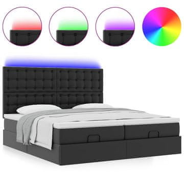 Vidaxl Otomanska postelja z vzmetnicami &amp; LEDs črn 180x200cm um. usnje