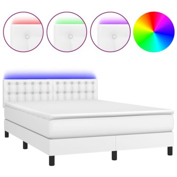 Vidaxl Box spring postelja z vzmetnico LED bela 140x200cm umetno usnje