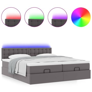 Vidaxl Otomanska postelja z vzmetnicami & LEDs siv 180x200cm um. usnje
