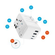 FIXED Potovalni adapter za EU, Združeno kraljestvo in ZDA/AUS, z izhodom 3xUSB-C in 2xUSB, GaN, PD 65W, bel