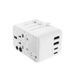 FIXED Potovalni adapter za EU, Združeno kraljestvo in ZDA/AUS, z izhodom 3xUSB-C in 2xUSB, GaN, PD 65W, bel