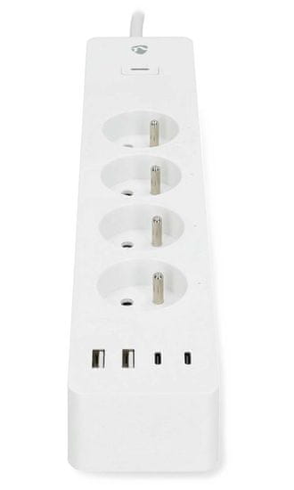 Nedis Wi-Fi pametni podaljšek/ 3x vtičnica tipa E/ 16A/ 2x USB-A/ 2x USB-C/ 2m/ Android/ iOS/ bela