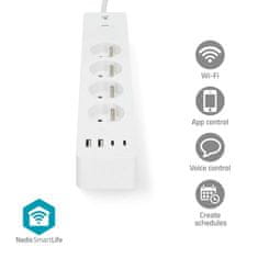 Nedis Wi-Fi pametni podaljšek/ 3x vtičnica tipa E/ 16A/ 2x USB-A/ 2x USB-C/ 2m/ Android/ iOS/ bela