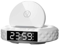Immax večnamenska namizna ura CLOCK/ brezžični polnilec Qi 3v1/ 5W/10W/ osvetlitev/ bela