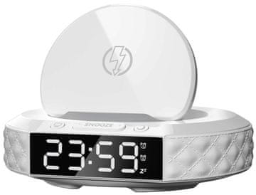 Immax večnamenska namizna ura CLOCK/ brezžični polnilec Qi 3v1/ 5W/10W/ osvetlitev/ bela