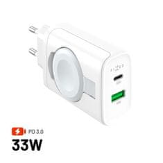 FIXED Polnilec Power Socket z izhodoma USB-A in USB-C ter obračalnim polnilnikom za Apple Watch, 33 W, bel, iz električnega omrežja