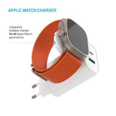 FIXED Polnilec Power Socket z izhodoma USB-A in USB-C ter obračalnim polnilnikom za Apple Watch, 33 W, bel, iz električnega omrežja