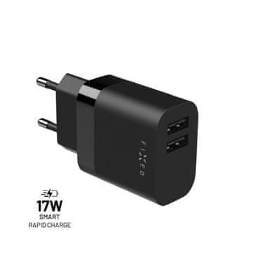 FIXED Omrežni polnilnik z izhodom 2xUSB, 17W Smart Rapid Charge, črn