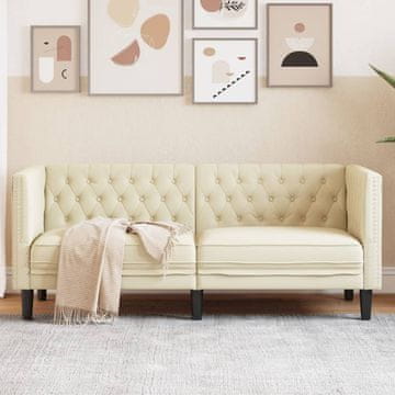 Vidaxl vidaXL Dvosed Chesterfield kavč, kremne barve, oblazinjen z umetnim usnjem