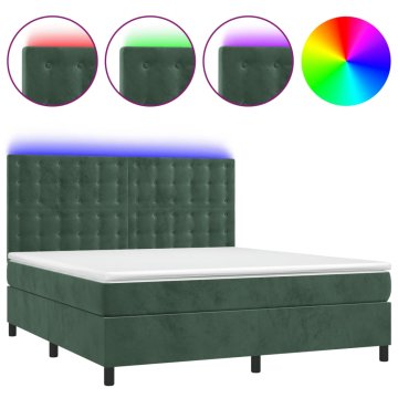 Vidaxl Box spring postelja z vzmetnico LED tem. zelena 180x200cm žamet