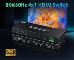 PremiumCord HDMI stikalo 4:1 s podporo za 8K@60Hz, 4K@120Hz, 1080P, HDR, upravljanje s tipkami in daljinskim upravljalnikom
