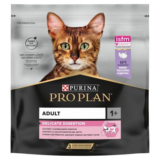 slomart PURINA Pro Plan Suha hrana za mačke, občutljive prebave, s puranom, 400g, brez glutena, primerna za odrasle mačke