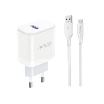 DUDAO USB-A omrežni polnilnik 18 W s kablom USB-A – microUSB, bel
