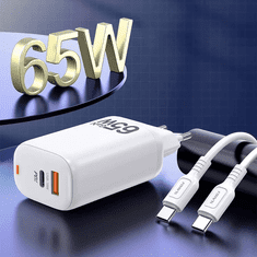 Kaku Adapter hišni polnilec 220V Gun Quick Charge 65W vhod 1x USB A in 1x Type C - s kablom Type C - Type C 3.0 bel