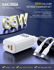 Kaku Adapter hišni polnilec 220V Gun Quick Charge 65W vhod 1x USB A in 1x Type C - s kablom Type C - Type C 3.0 bel