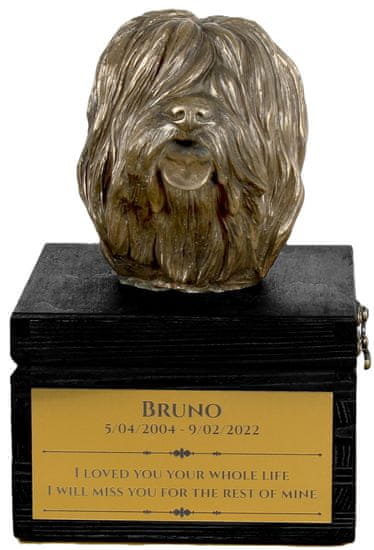 Artdog Poljski nižinski ovčar, PON - žara z gravuro in skulpturo psa, zadnje slovo, ročno delo Art-Dog