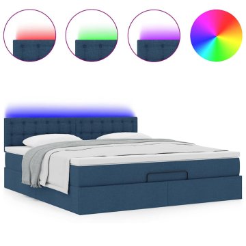 Vidaxl Otomanska postelja z vzmetnico &amp; LEDs modra 180x200 cm blago