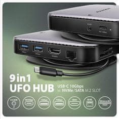 AXAGON HMC-UFO, vozlišče USB 10 Gb/s, 2x USB-A, USB-C, HDMI 4k/60, RJ-45, reža M.2, SD/mSD, zvok, PD 100 W, kabel USB-C 65 cm
