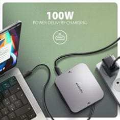 AXAGON HMC-UFO, vozlišče USB 10 Gb/s, 2x USB-A, USB-C, HDMI 4k/60, RJ-45, reža M.2, SD/mSD, zvok, PD 100 W, kabel USB-C 65 cm
