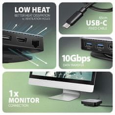 AXAGON HMC-UFO, vozlišče USB 10 Gb/s, 2x USB-A, USB-C, HDMI 4k/60, RJ-45, reža M.2, SD/mSD, zvok, PD 100 W, kabel USB-C 65 cm