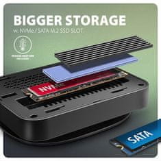 AXAGON HMC-UFO, vozlišče USB 10 Gb/s, 2x USB-A, USB-C, HDMI 4k/60, RJ-45, reža M.2, SD/mSD, zvok, PD 100 W, kabel USB-C 65 cm