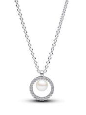 Pandora Srebrna ogrlica s pavéjem in pravim biserom Timeless 393165C01-45