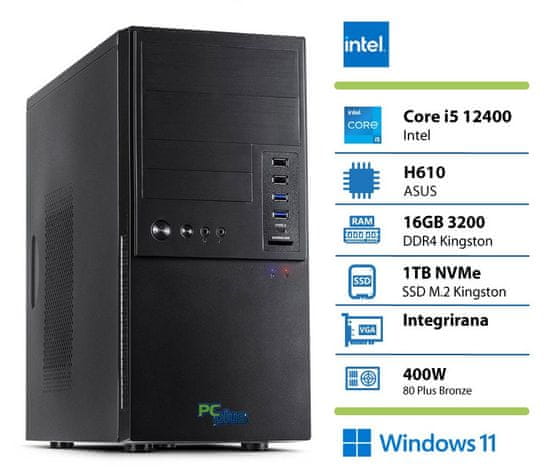 PCplus e-office namizni računalnik, i5-12400, 16GB, SSD1TB, W11H, tipkovnica, miška (146800)