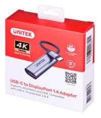 Unitek UNITEK USB-C do DisplayPort 1.4 adapter, 8K@60Hz, maksimalna ločljivost 3840x2160, 144Hz, HDR podpora, dolžina kabla 0.15 m, siva, enota v pakiranju: 1.