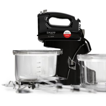 slomart Črni SMAPP ročni mešalnik z dvema posodama, 5 hitrostmi, moč 580 W, funkcija pulza in dodatki za testo ter mletje.