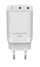 CubeNest S2D1 GaN Adapter 35W bela (2× USB-C do 35 W), PD, prenapetostna in prenapetostna zaščita, s tehnologijo GaN, za iPhone