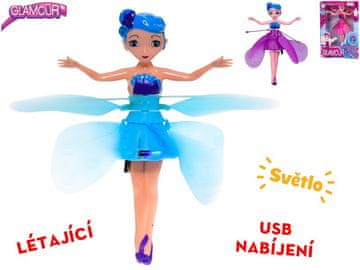 Glamour Fairy Doll 19 cm lutka na baterije, ki se sveti in odziva na gibanje rok z USB - mešanica barv (modra, vijolična, roza)