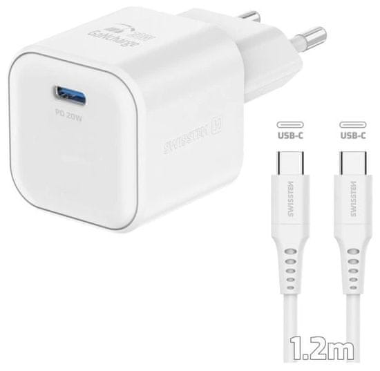 SWISSTEN napajalnik gan 1x usb-c 20w power delivery white + podatkovni kabel usb-c/usb-c 1,2 m white