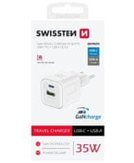 SWISSTEN napajalnik gan 1x usb-c 35w pd + 1x usb-a 27w qc bela