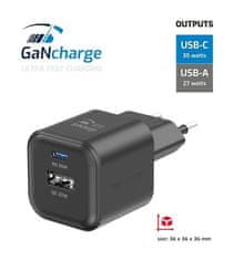 SWISSTEN Napajalnik GaN 1x USB-C 35W pd + 1x USB-A 27W QC črn