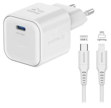 SWISSTEN napajalnik gan 1x usb-c 35w power delivery white + podatkovni kabel usb-c/lightning 1,2 m white