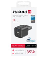 SWISSTEN Napajalnik GaN 1x USB-C 35W pd + 1x USB-A 27W QC črn
