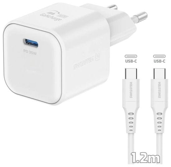 SWISSTEN napajalnik gan 1x usb-c 35w power delivery white + podatkovni kabel usb-c/usb-c 1,2 m white