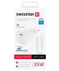 SWISSTEN napajalnik gan 1x usb-c 35w power delivery white + podatkovni kabel usb-c/usb-c 1,2 m white
