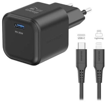 SWISSTEN napajalnik gan 1x usb-c 35w power delivery črna + podatkovni kabel usb-c/lightning 1,2 m črna